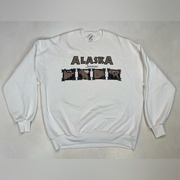 VINTAGE Juneau Alaska Graphic Crewneck Sweatshirt Men Large White USA 90s - Picture 1 of 7